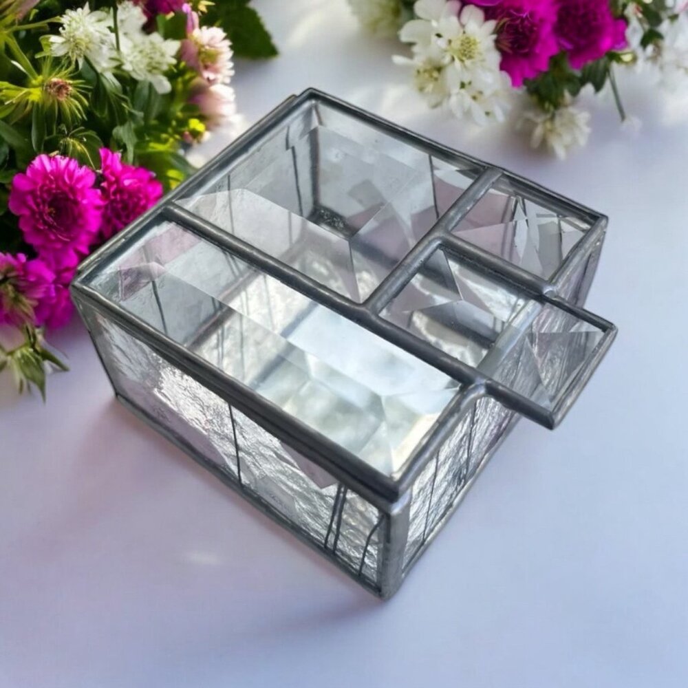 Vintage STAINED Glass Mirrored Jewelry TRINKET Beveled Water Color Hinged Box